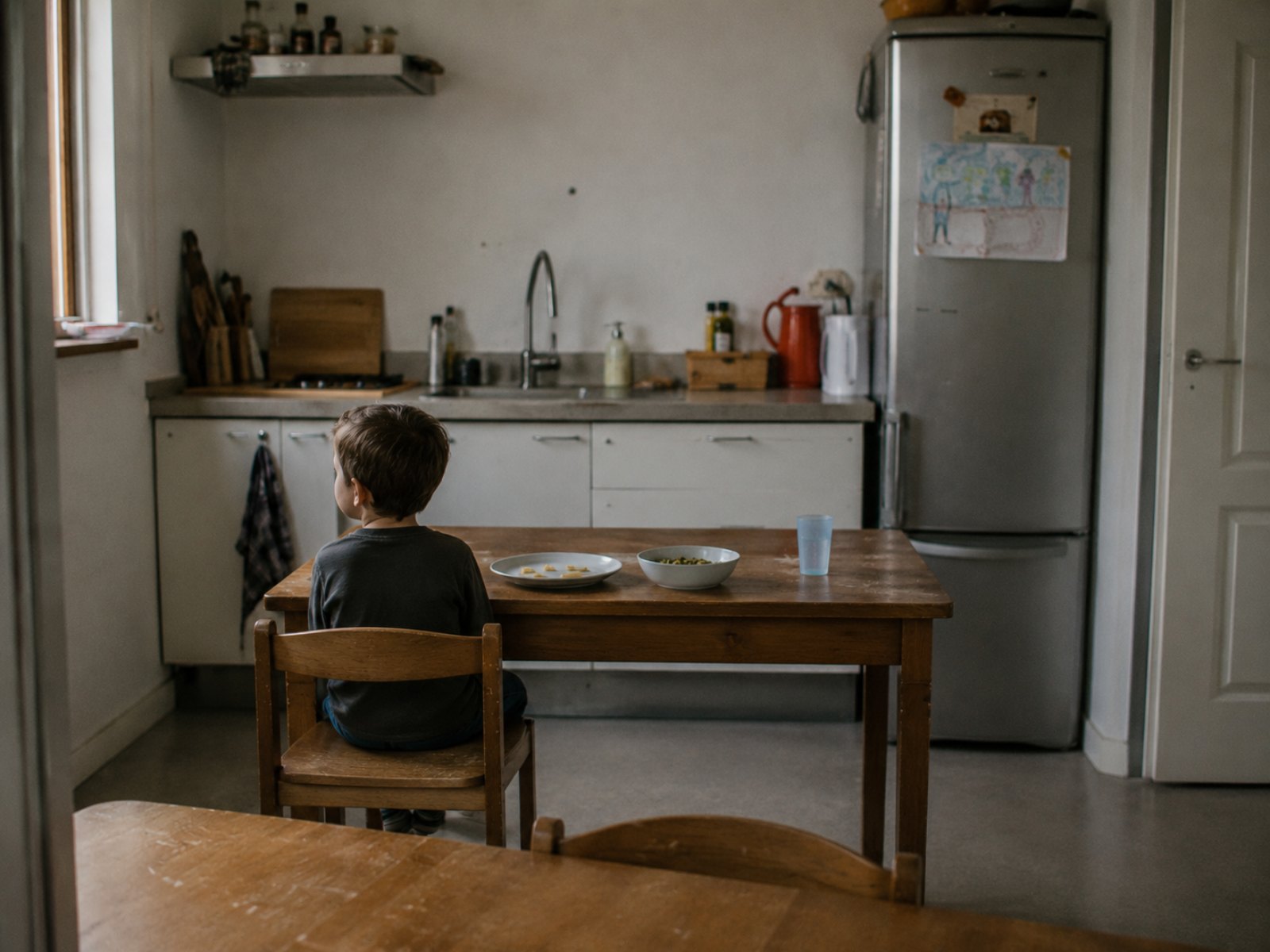 Een jongen van een jaar of vier zit met zijn rug naar de camera aan de keukentafel. Voor hem staat een bord met een paar stukjes pasta en daarnaast een schaaltje dat onaangeroerd is.